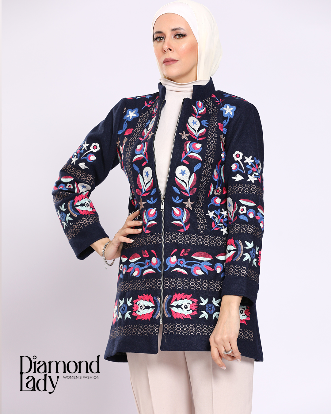 Embroidered Wool Blazer Dark Blue